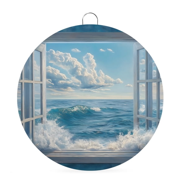 Round Metal Signs for Outside Beach Waves Tin Signs Stainless Steel Hook Welcome Home Sign Plaque Blue Sky Cloud Window Metal Sign for Front Door Porch Indoor Outdoor Hanging Wall Decor Gifts 6 Inch