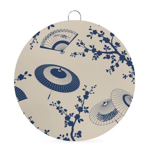 Round Metal Signs for Outside Blue Paper Fan Tin Signs Stainless Steel Hook Home Sign Plaque Cherry Blossom Branch Japanese Style Metal Sign for Front Door Porch Hanging Wall Decor Gifts 6 Inch