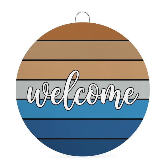 Round Metal Signs for Outside Brown Blue Stripes Tin Signs Stainless Steel Hook Welcome Home Sign Plaque Wood Striped Welcome Metal Sign for Front Door Porch Hanging Wall Decor Gifts 6 Inch
