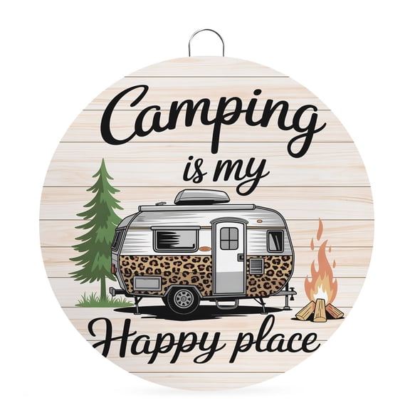 Round Metal Signs for Outside Camping Is My Happy Place Tin Signs Stainless Steel Hook Home Sign Plaque Camper Van Tree Flame Wood Metal Sign for Front Door Porch Hanging Wall Decor Gifts 6 Inch