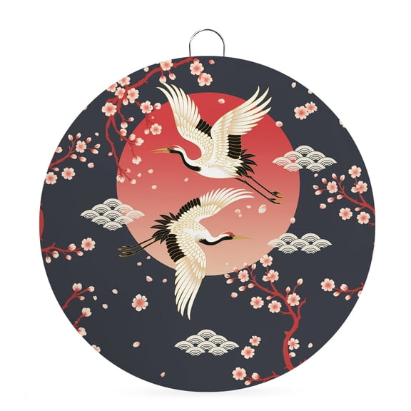Round Metal Signs for Outside Cherry Blossom Crane Tin Signs Stainless Steel Hook Welcome Home Sign Plaque Japanese Style Cloud Black Metal Sign for Front Door Porch Hanging Wall Decor Gifts 6 Inch