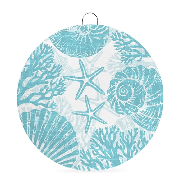 Round Metal Signs for Outside Coastal Shell Conch Tin Signs Stainless Steel Hook Home Sign Plaque Turquoise Ocean Coral Starfish Metal Sign for Front Door Porch Hanging Wall Decor Gifts 6 Inch