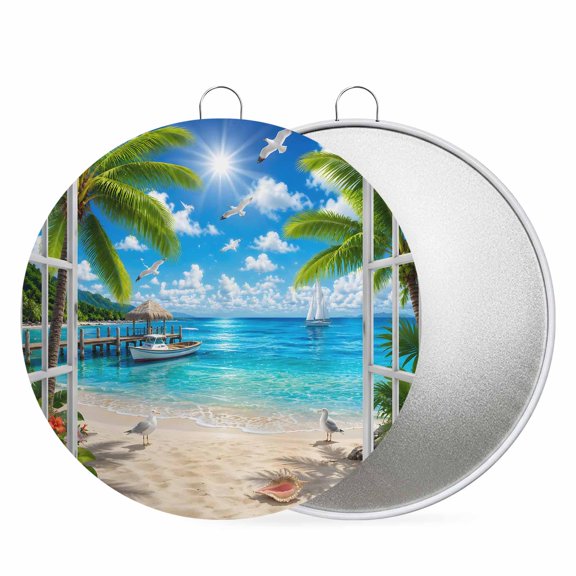 Round Metal Signs for Outside Coastal Window View Tin Signs Stainless Steel Hook Welcome Home Sign Plaque Summer Beach Palm Tree Metal Sign for Front Door Porch Hanging Wall Decor Gifts 8Inch