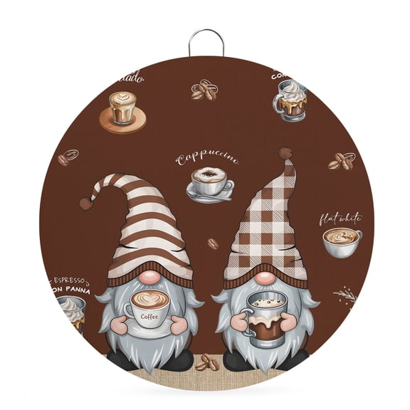 Round Metal Signs for Outside Coffee Cup Gnome Tin Signs Stainless Steel Hook Welcome Home Sign Plaque Coffee Beans Brown Metal Sign for Front Door Porch Hanging Wall Decor Gifts 6 Inch