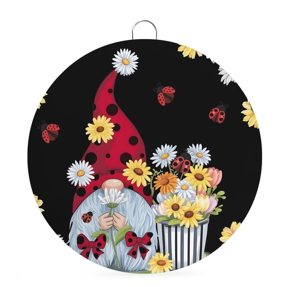 Round Metal Signs for Outside Daisy Gnome Tin Signs Stainless Steel Hook Welcome Home Sign Plaque Flower Spring Floral Black Metal Sign for Front Door Porch Hanging Wall Decor Gifts 6 Inch