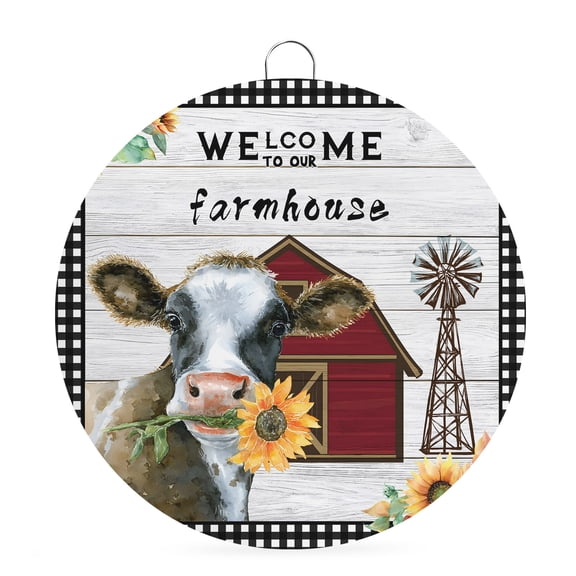 Round Metal Signs for Outside Farmhouse Cow Tin Signs Stainless Steel Hook Home Sign Plaque Sunflower Barn Windmill Plaid Retro Wood Metal Sign for Front Door Porch Hanging Wall Decor Gifts 6 Inch