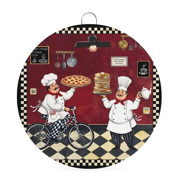 Round Metal Signs for Outside Funny Chef Tin Signs Stainless Steel Hook Welcome Home Sign Plaque Cozy Kitchen Pizza Buffalo Plaid Metal Sign for Front Door Porch Hanging Wall Decor Gifts 6 Inch