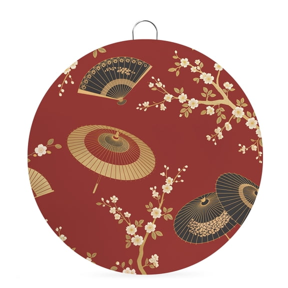 Round Metal Signs for Outside Golden Paper Fan Tin Signs Stainless Steel Hook Home Sign Plaque Cherry Blossom Japanese Style Red Metal Sign for Front Door Porch Hanging Wall Decor Gifts 6 Inch