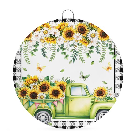 Round Metal Signs for Outside Green Truck Sunflower Tin Signs Stainless Steel Hook Welcome Home Sign Plaque Butterfly Daisy Flower Metal Sign for Front Door Porch Hanging Wall Decor Gifts 6 Inch