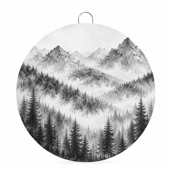 Round Metal Signs for Outside Grey Forest Mountain Tin Signs Stainless Steel Hook Welcome Home Sign Plaque Fog Peaks Pine Tree Metal Sign for Front Door Porch Hanging Wall Decor Gifts 6 Inch