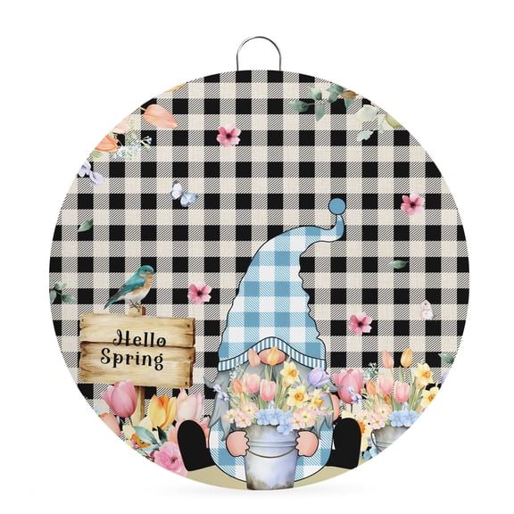 Round Metal Signs for Outside Hello Spring Gnome Tin Signs Stainless Steel Hook Plaque Tulip Floral Bird Butterfly Black Plaid Metal Sign for Front Door Porch Hanging Wall Decor Gifts 6 Inch