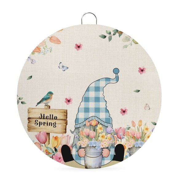 Round Metal Signs for Outside Hello Spring Gnome Tin Signs Stainless Steel Hook Welcome Home Sign Plaque Tulip Floral Bird Butterfly Metal Sign for Front Door Porch Hanging Wall Decor Gifts 6 Inch