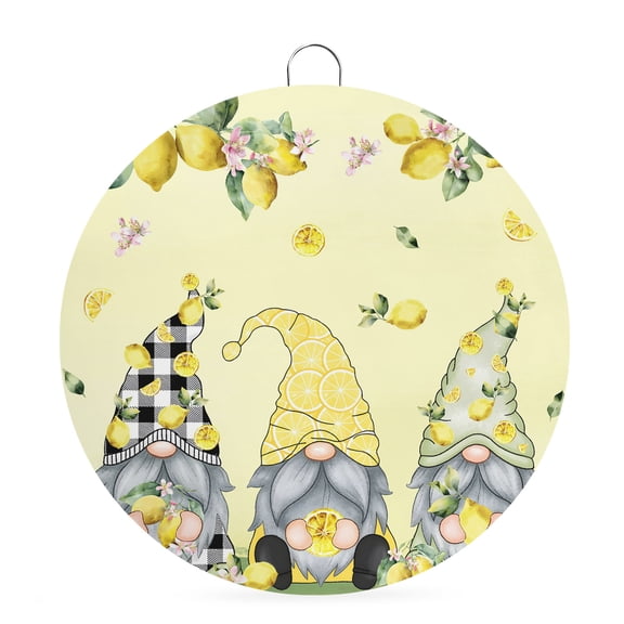 Round Metal Signs for Outside Lemon Gnome Tin Signs Stainless Steel Hook Welcome Home Sign Plaque Yellow Summer Fruit Flower Metal Sign for Front Door Porch Hanging Wall Decor Gifts 6 Inch