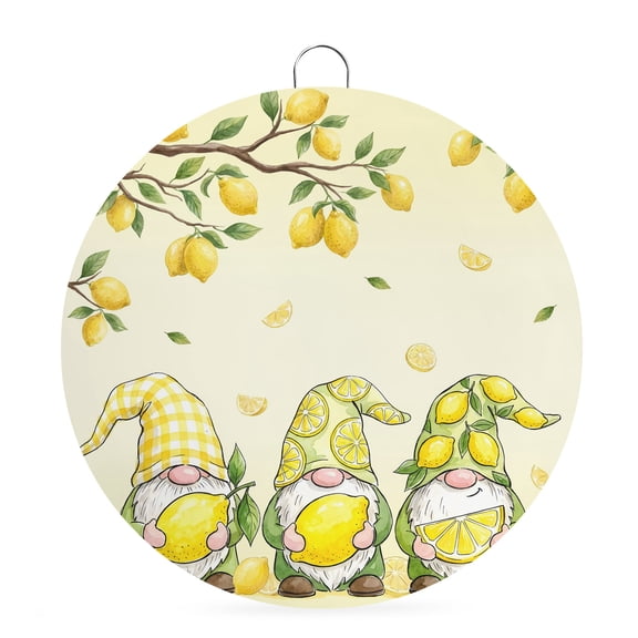 Round Metal Signs for Outside Lemon Gnomes Tin Signs Stainless Steel Hook Welcome Home Sign Plaque Summer Fruit Branches Metal Sign for Front Door Porch Hanging Wall Decor Gifts 6 Inch