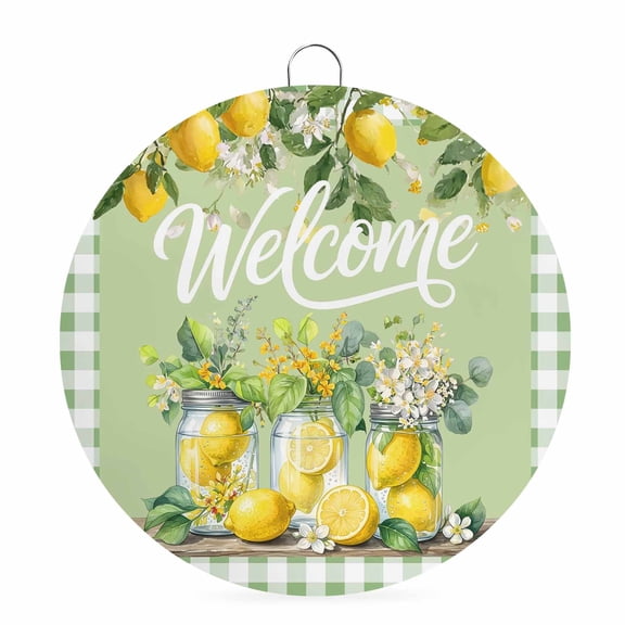 Round Metal Signs for Outside Lemon Mason Jars Tin Signs Stainless Steel Hook Home Sign Plaque Summer Fruit Green Plaid Welcome Metal Sign for Front Door Porch Hanging Wall Decor Gifts 6 Inch