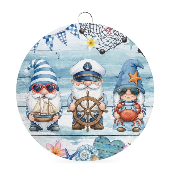 Round Metal Signs for Outside Nautical Gnomes Tin Signs Stainless Steel Hook Welcome Home Sign Plaque Ocean Crab Ship Rudder Metal Sign for Front Door Porch Hanging Wall Decor Gifts 6 Inch