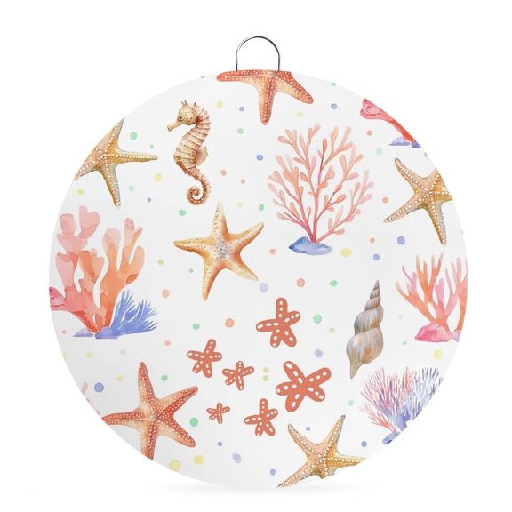 Round Metal Signs for Outside Ocean Coastal Tin Signs Stainless Steel Hook Welcome Home Sign Plaque Starfish Coral Conch Shell Metal Sign for Front Door Porch Hanging Wall Decor Gifts 6 Inch