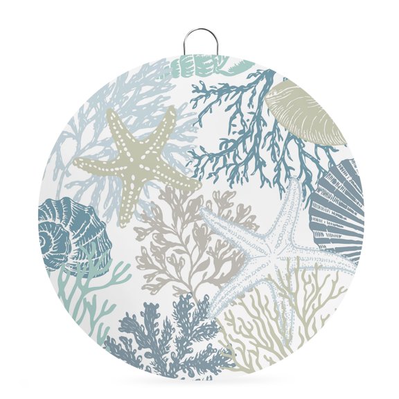 Round Metal Signs for Outside Ocean Coral Starfish Tin Signs Stainless Steel Hook Home Sign Plaque Sage Blue Coastal Shell Conch Metal Sign for Front Door Porch Hanging Wall Decor Gifts 6 Inch