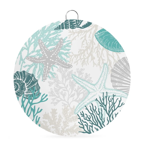 Round Metal Signs for Outside Ocean Coral Starfish Tin Signs Stainless Steel Hook Home Sign Plaque Turquoise Coastal Shell Conch Metal Sign for Front Door Porch Hanging Wall Decor Gifts 6 Inch