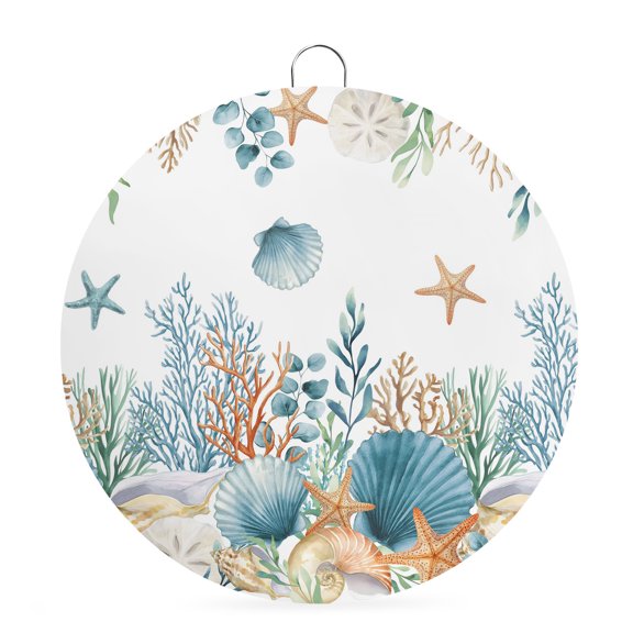 Round Metal Signs for Outside Ocean Coral Tin Signs Stainless Steel Hook Welcome Home Sign Plaque Seagrass Starfish Conch Shell Metal Sign for Front Door Porch Hanging Wall Decor Gifts 6 Inch