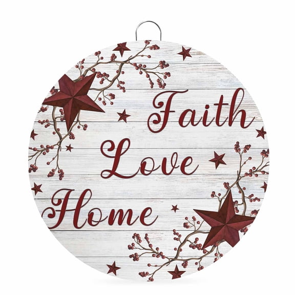Round Metal Signs for Outside Red Barn Star Berry Tin Signs Stainless Steel Hook Welcome Home Sign Plaque Wood Faith Love Home Metal Sign for Front Door Porch Hanging Wall Decor Gifts 6 Inch
