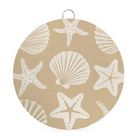 Round Metal Signs for Outside Starfish Sea Shells Tin Signs Stainless Steel Hook Welcome Home Sign Plaque Beige Coastal Marine Life Metal Sign for Front Door Porch Hanging Wall Decor Gifts 6 Inch