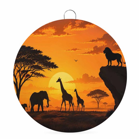 Round Metal Signs for Outside Sunset Animal Tin Signs Stainless Steel Hook Welcome Home Sign Plaque Acacia Tree Giraffe Lion Elephant Metal Sign for Front Door Porch Hanging Wall Decor Gifts 6 Inch