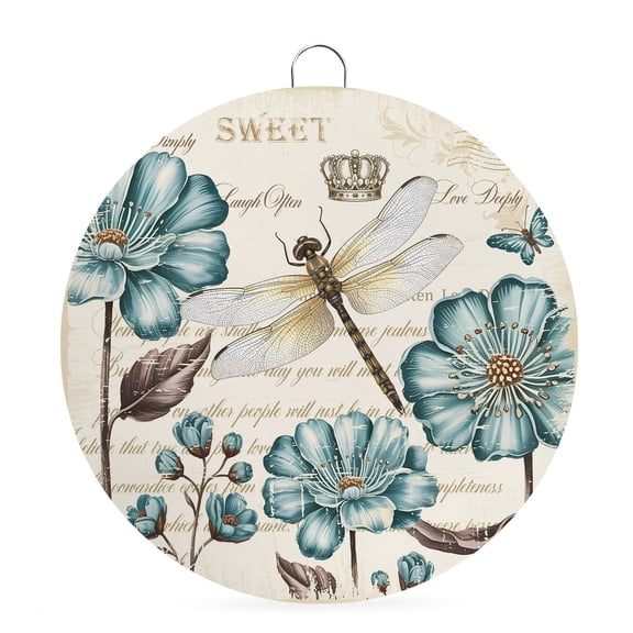 Round Metal Signs for Outside Teal Blue Wildflower Tin Signs Stainless Steel Hook Welcome Home Sign Plaque Crown Dragonfly Bohemian Metal Sign for Front Door Porch Hanging Wall Decor Gifts 6 Inch