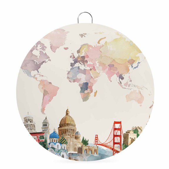 Round Metal Signs for Outside World Map Tin Signs Stainless Steel Hook Welcome Home Sign Plaque Famous Building Tourism Bridge Metal Sign for Front Door Porch Hanging Wall Decor Gifts 6 Inch