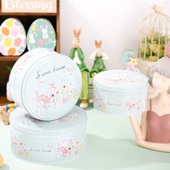 Round Metal Storage Tin Box Set with Floral Pattern and Sweet Dream Lettering for Home Organization and Gift Packaging