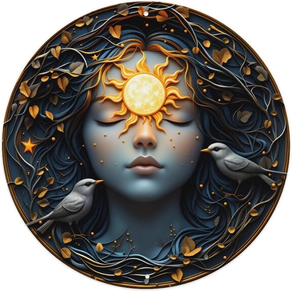 Round Metal Sun Face With Birds And Leaves Vintage Tin Sign, Wall Decor for Home Bar Cafe, 8 x 8 Inch