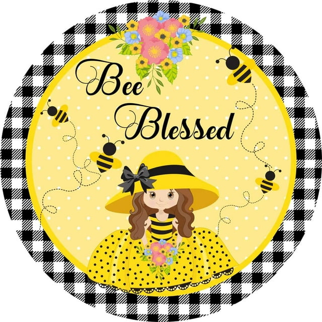 Round Metal Tin Sign Bee Blessed Wreath Sign, Bee Sign, Spring Sign