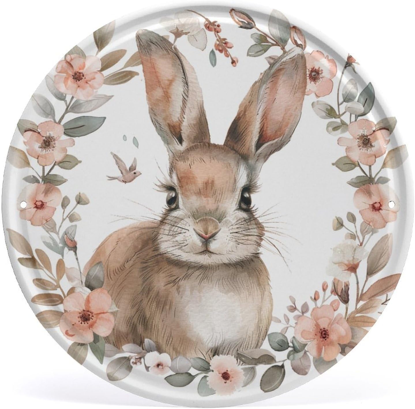 Round Metal Tin Sign Cute Bunny With Flower Wreath Vintage Metal Sign ...