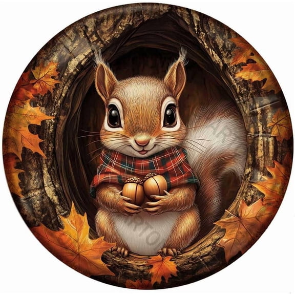 Round Metal Tin Sign Fall Squirrel Vintage Wall Decor for Home Kitchen Garden Yard 8 x 8 Inch