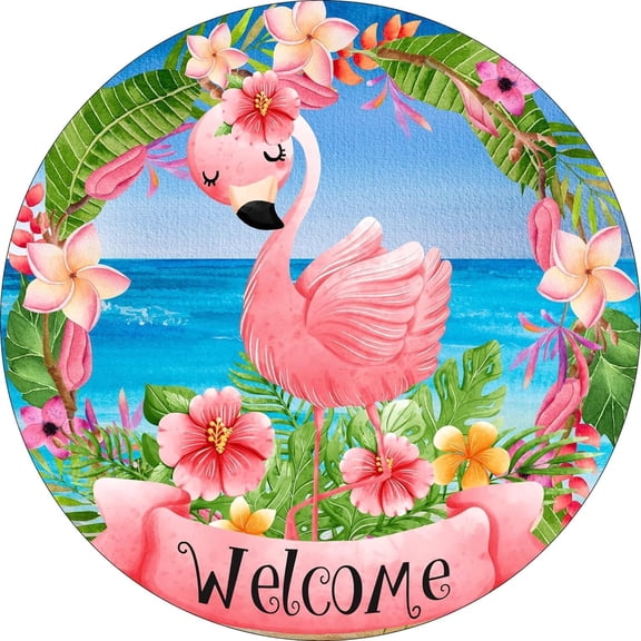 Round Metal Tin Sign Flamingo Sign, Tropical Flower Sign, Summer Beach Decor, Summer Sign, Round Metal Wreath Sign Rustic Home Kitchen Retro Wall Art 8x8 Inch