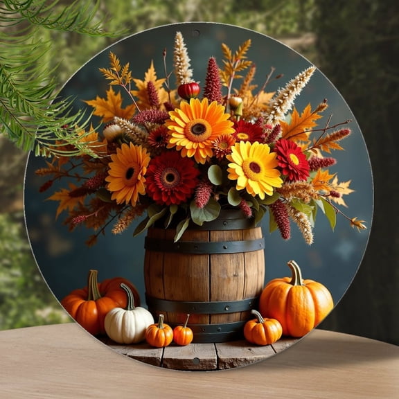 Round Metal Tin Sign Rustic Wall Decor Autumn Fall Flower Metal Sign Plaque for Home Garden Kitchen Bar Cafe Restaurant Garage Retro Vintage Wall Art 8x8 Inch