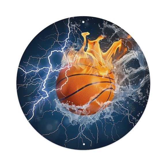 Round Metal Tin Sign Rustic Wall Decor Basketball With Fire Round Metal Sign Plaque for Home Garden Kitchen Bar Cafe Restaurant Garage Retro Vintage Wall Art 8x8 Inch