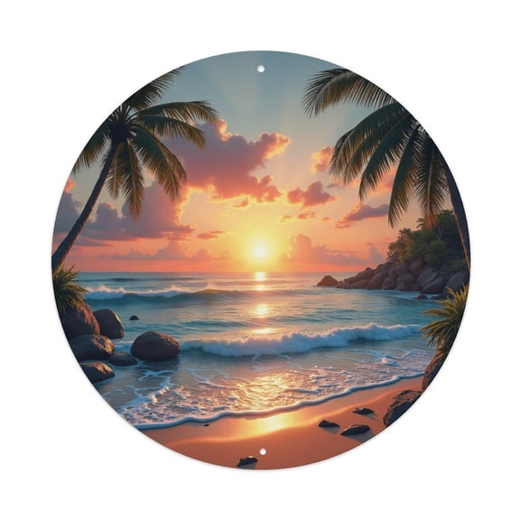 Round Metal Tin Sign Rustic Wall Decor Beach Sunset Palm Tree Round Metal Sign Plaque for Home Garden Kitchen Bar Cafe Restaurant Garage Retro Vintage Wall Art 8x8 Inch