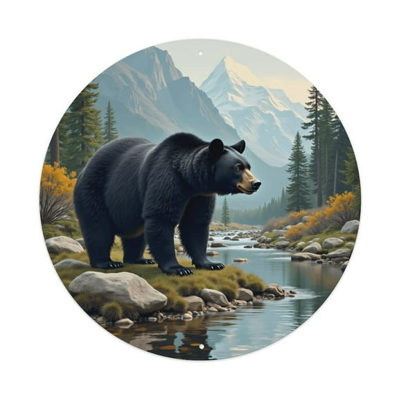 Round Metal Tin Sign Rustic Wall Decor Bear Landscape Mountains Round Metal Sign Plaque for Home Garden Kitchen Bar Cafe Restaurant Garage Retro Vintage Wall Art 8x8 Inch