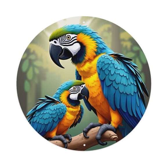 Round Metal Tin Sign Rustic Wall Decor Blue And Gold Parrot Bird Round Metal Sign Plaque for Home Garden Kitchen Bar Cafe Restaurant Garage Retro Vintage Wall Art 8x8 Inch