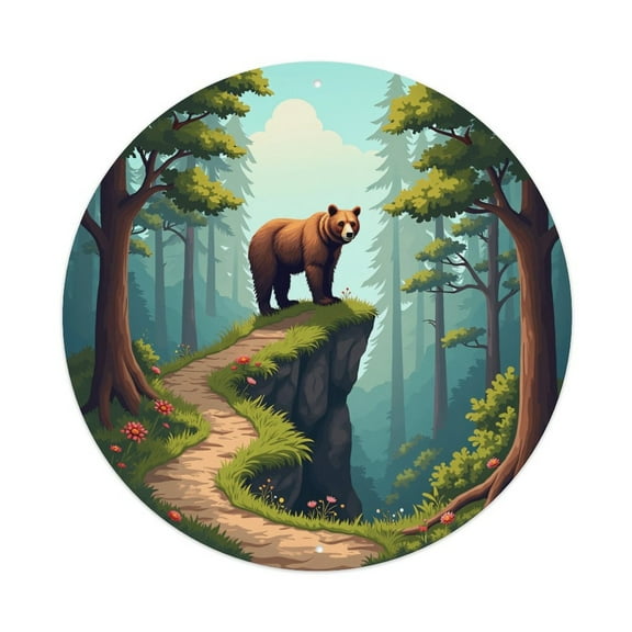 Round Metal Tin Sign Rustic Wall Decor Brown Bear Forest Mountains Round Metal Sign Plaque for Home Garden Kitchen Bar Cafe Restaurant Garage Retro Vintage Wall Art 8x8 Inch