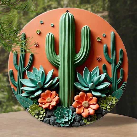 Round Metal Tin Sign Rustic Wall Decor Cactus Flowers Metal Sign Plaque for Home Garden Kitchen Bar Cafe Restaurant Garage Retro Vintage Wall Art 8x8 Inch