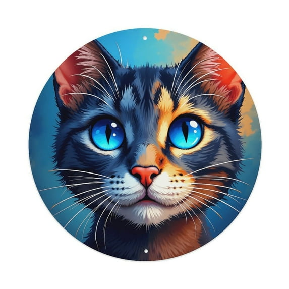 Round Metal Tin Sign Rustic Wall Decor Cat Portrait Round Metal Sign Plaque for Home Garden Kitchen Bar Cafe Restaurant Garage Retro Vintage Wall Art 8x8 Inch