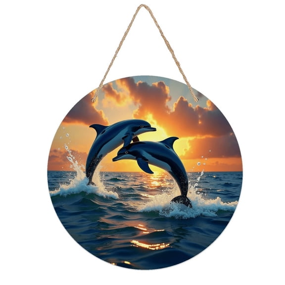 Round Metal Tin Sign Rustic Wall Decor Dolphins_Two Sunset Ocean Round Metal Sign Plaque for Home Garden Kitchen Bar Cafe Restaurant Garage Retro Vintage Wall Art 8x8 Inch