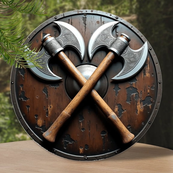 Round Metal Tin Sign Rustic Wall Decor Fantasy Axe Shield Metal Sign Plaque for Home Garden Kitchen Bar Cafe Restaurant Garage Retro Vintage Wall Art 8x8 Inch