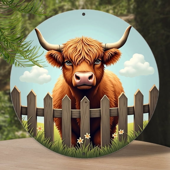 Round Metal Tin Sign Rustic Wall Decor Furry Highland Cow Metal Sign Plaque for Home Garden Kitchen Bar Cafe Restaurant Garage Retro Vintage Wall Art 8x8 Inch