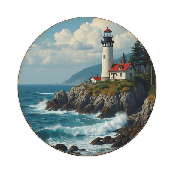 Round Metal Tin Sign Rustic Wall Decor Lighthouse Ocean Rocky Round Metal Sign Plaque for Home Garden Kitchen Bar Cafe Restaurant Garage Retro Vintage Wall Art 8x8 Inch