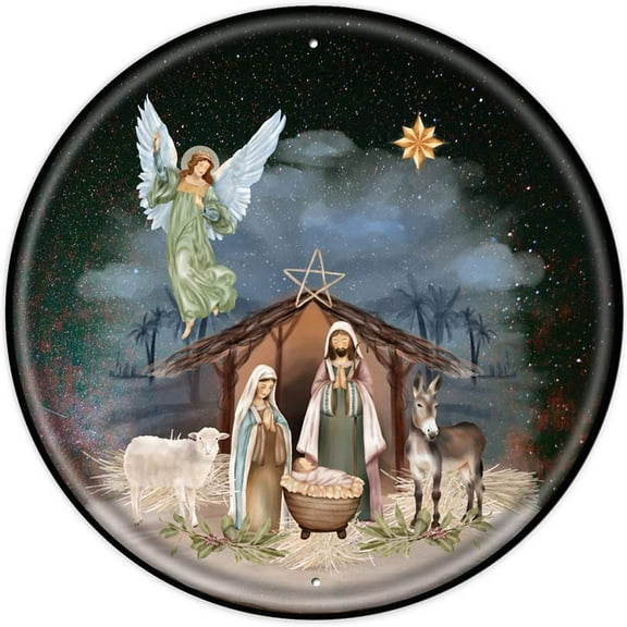 Round Metal Tin Sign Rustic Wall Decor Plaque Christmas Wreath Sign Nativity Christmas Wreath Sign Wall Decoration Bar Home Round 12X12 Inches