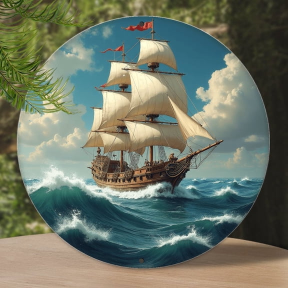 Round Metal Tin Sign Rustic Wall Decor Sailing Ship Ocean Clouds Metal Sign Plaque for Home Garden Kitchen Bar Cafe Restaurant Garage Retro Vintage Wall Art 8x8 Inch