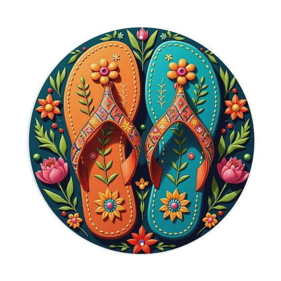 Round Metal Tin Sign Rustic Wall Decor Sandals Flowers Round Metal Sign Plaque for Home Garden Kitchen Bar Cafe Restaurant Garage Retro Vintage Wall Art 8x8 Inch